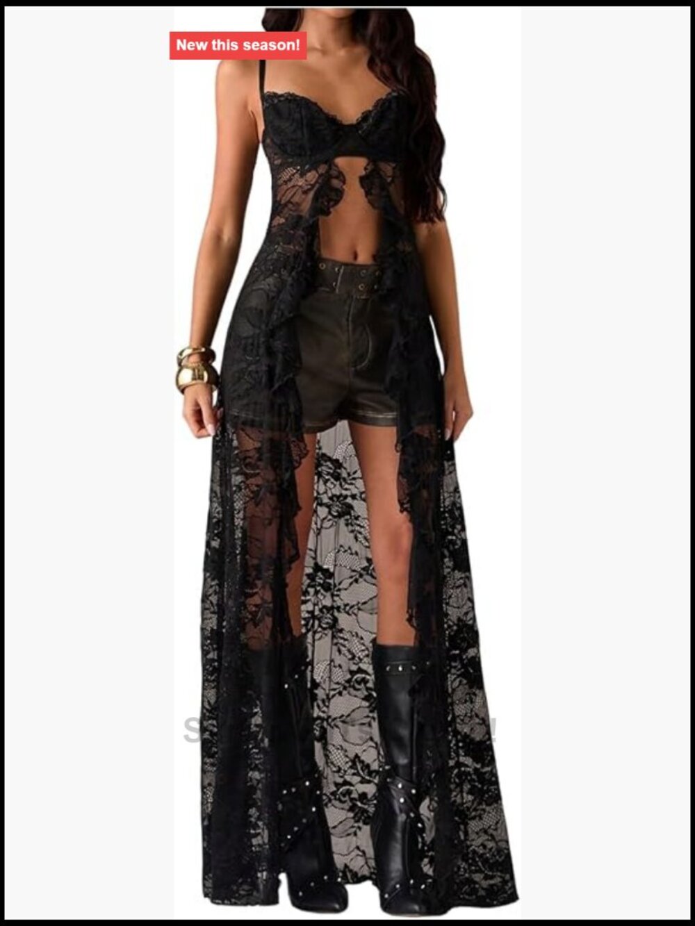 Lace Cami Top Ruffle Trim Maxi Sheer Going Out Sleeveless